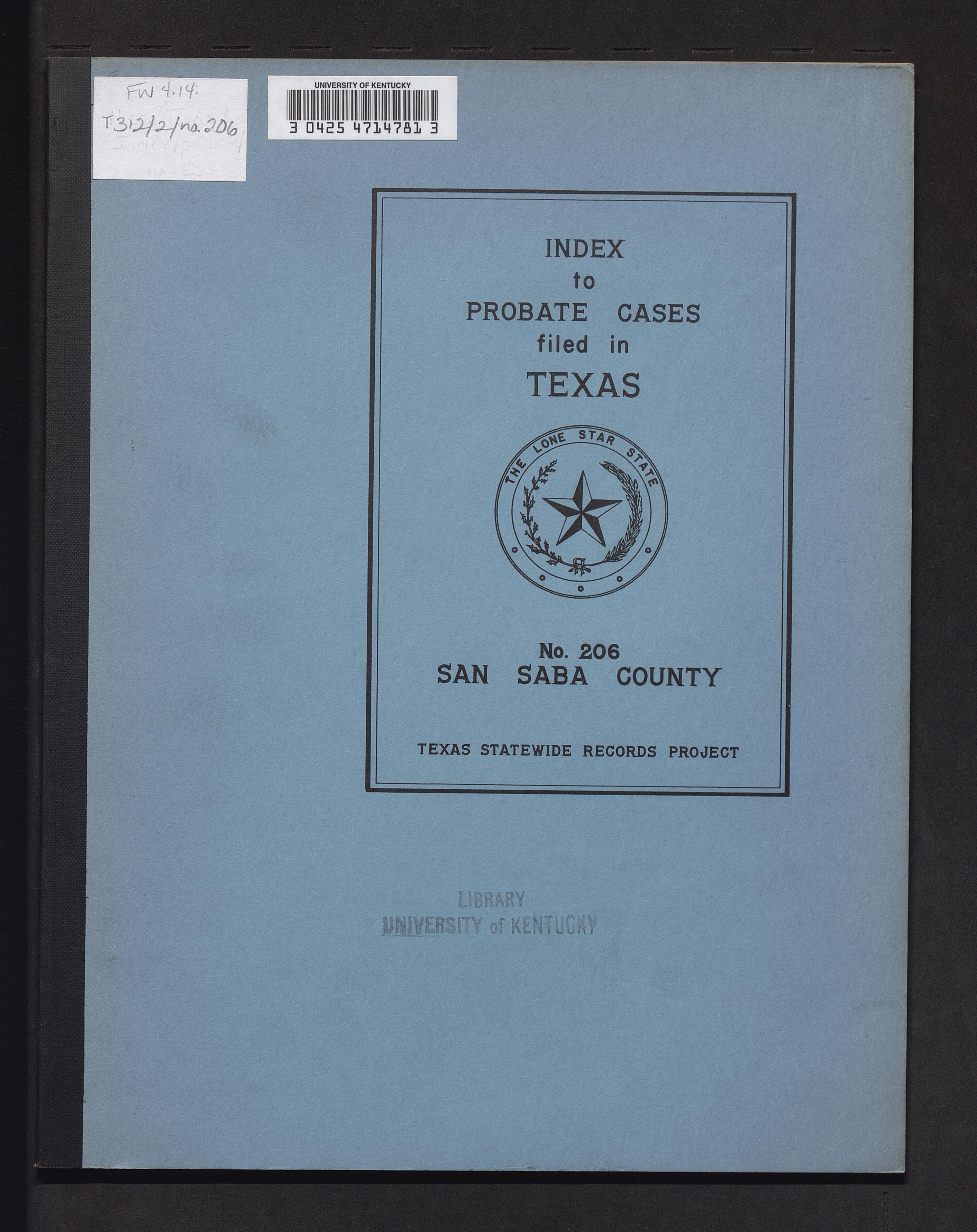 Index to Cases of Texas, no. 206, Saba County, Jan. 30, 1866 - 28, 1939