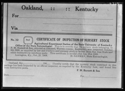Nursery inspection, certificate on card. 5/1/1909