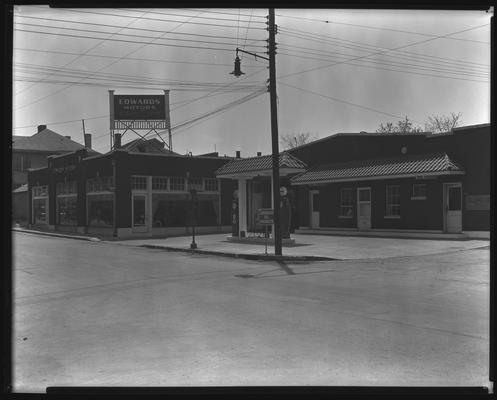 Edwards Motor Company; exterior ; corner of East Vine and Shreve ; Standard Oil gas station in foreground
