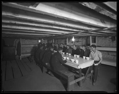Salvation Army, dinner table; interior (soup kitchen?)