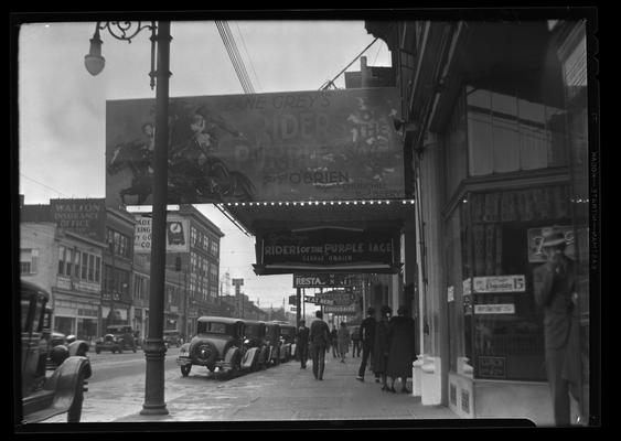 State Theatre (movie theater), 220 East Main, exterior; marquee decorated to promote 