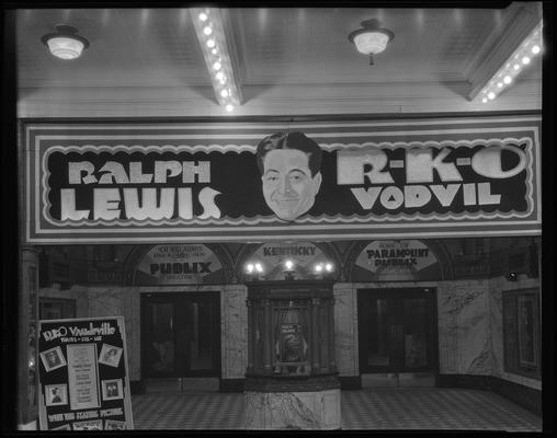 Kentucky Theatre (movie theater), 214 East Main, exterior; marquee and awning decorated to promote 