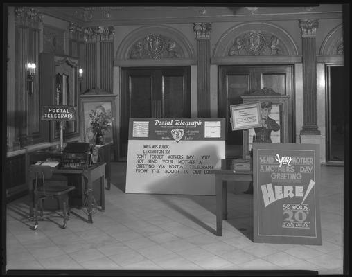 Kentucky Theatre (movie theater), 214 East Main, interior; lobby standees and displays for Postal Telegraph
