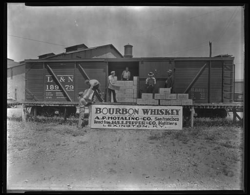 James E. Pepper Company (bourbon whiskey distillery); L&N (Louisville & Nashville) Railroad box car, banner