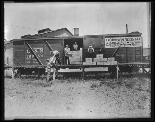 James E. Pepper Company (bourbon whiskey distillery); L&N (Louisville & Nashville) Railroad box car, men unloading train