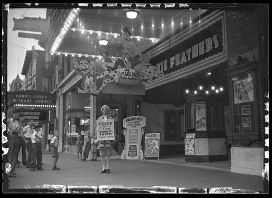 Kentucky Theatre (movie theater), 214 East Main, exterior; lobby entrance and ticket booth decorated to promote the Marx Brothers film 