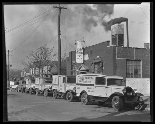 Kelly Dairies, 511-513 West Maxwell; group of trucks