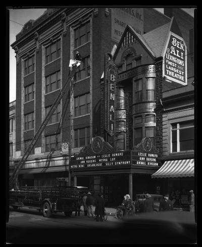 Ben Ali Theatre (movie theater), 121 East Main, full exterior; marquee promotes 