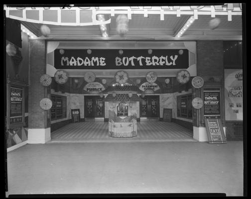 Kentucky Theatre (movie theater), 214 East Main, exterior; lobby entrance and ticket booth decorated to promote 