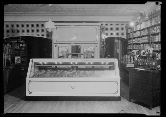 L. Rue Grocery; meat counter (butcher), cash register