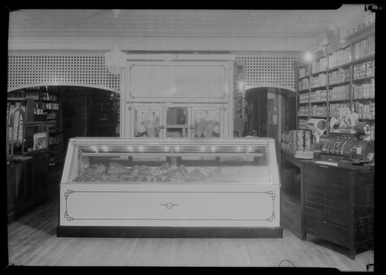 L. Rue Grocery; meat counter (butcher), cash register