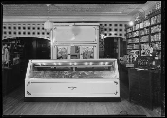 L. Rue Grocery; meat counter (butcher), cash register