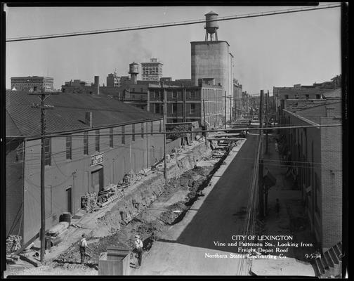 Northern States Contracting Company; sewer construction (City of Lexington, Vine & Patterson Streets, looking from Freight Depot Roof