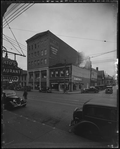 A.F. Wheeler Furniture Building, 221-223 East Main; exterior (George Collis Shoes, Miles Coffee House, A.M. Caden, Amato's Italian Restaurant)