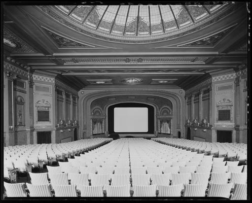 Kentucky Theatre (movie theater), 214 East Main, interior; inside theater after redecorating; shot from back of theater toward screen