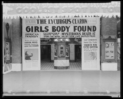 Kentucky Theatre (movie theater), 214 East Main, exterior; lobby entrance and ticket booth decorated to promote 