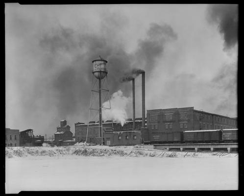 Industrial smoke stack , (Lexington Leader), Chesterfield cigarette smoke stack, Meyers & Liggett tobacco warehouse, exterior, rear (back of warehouse)