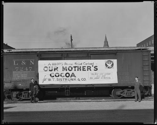 Pickerall and Craig; box car at tracks (W.T. Sistruck & Company, Our Mother's Cocoa)