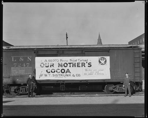Pickerall and Craig; box car at tracks (W.T. Sistruck & Company, Our Mother's Cocoa)