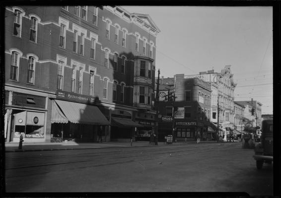 Main Street; looking east from mill , intersection of Main and Limestone; Phoenix Drugs, 101-102 East Main; Meyer & Hinkle, 110 East Main