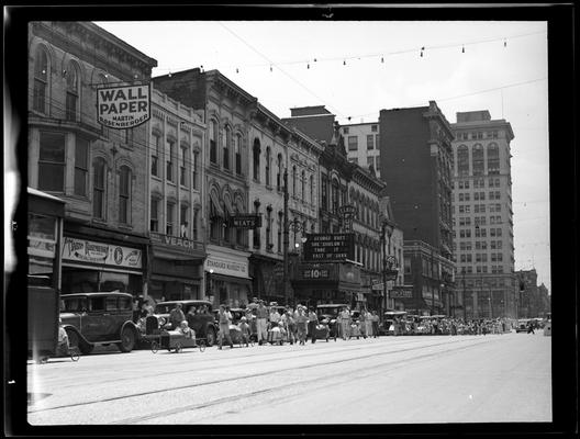 Soap Box Derby; parade down West Main Street; Ada Meade Theatre partially visible