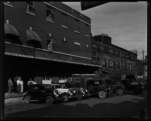 Jos Papania & Company, Distributors of Fruits & Vegetables (327 West Vine); exterior, trucks (G.Z. Faulconer & Company, Cash & Wholesale Grocers)