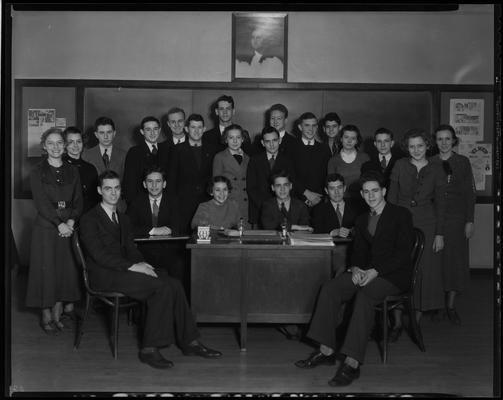 Henry Clay School, 701 East Main; students sitting in classroom around desk