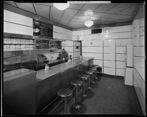 White Tavern Shops; 265 East Main Street, interior of restaurant; empty barstools sitting at bar (hamburgers)