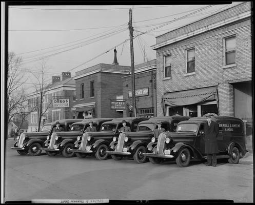 Bradas & Gheens Candies (wholesale confectioners), 205 Woodland Avenue; men standing with trucks outside of building