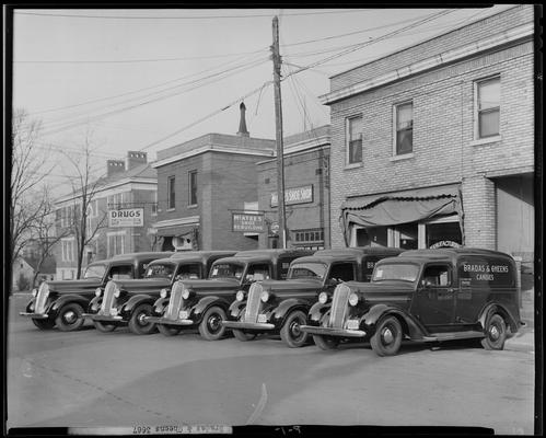 Bradas & Gheens Candies (wholesale confectioners), 205 Woodland Avenue; trucks parked outside of building