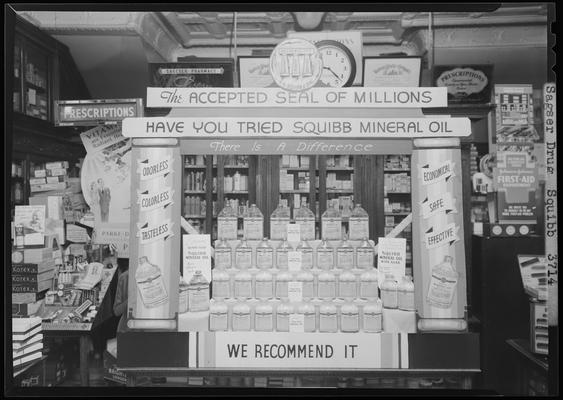 Sageser Pharmacy, 127 North Mill; interior; Squibb Mineral Oil Display