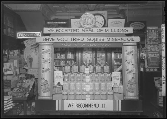 Sageser Pharmacy, 127 North Mill; interior; Squibb Mineral Oil Display