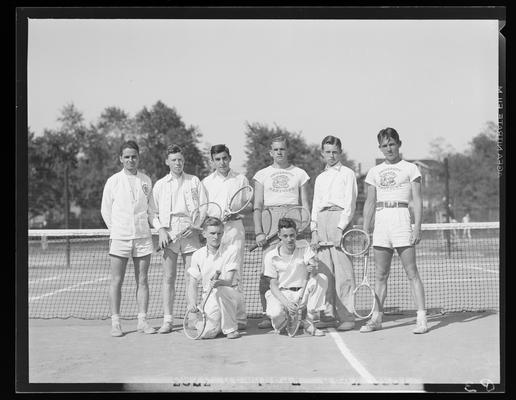 Freshman Tennis (1938 Kentuckian) (University of Kentucky); team standing in front of net