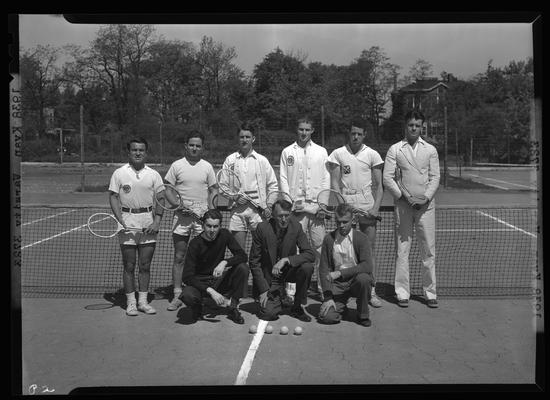 Freshman Tennis (1938 Kentuckian) (University of Kentucky); team standing in front of net