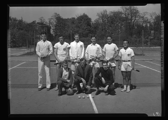 Freshman Tennis (1938 Kentuckian) (University of Kentucky); team standing in front of net