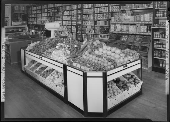 Rue Grocery; vegetable counter, interior of store