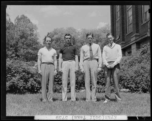 Golf team, four men standing outside of building (1938 Kentuckian) (University of Kentucky)