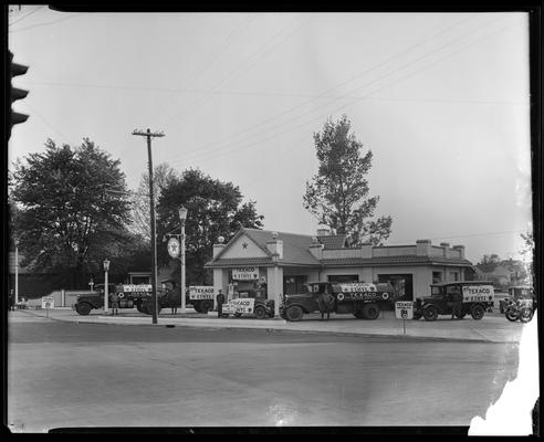 Texaco Service Station; Woodland Avenue (gas station); men standing beside trucks at service station