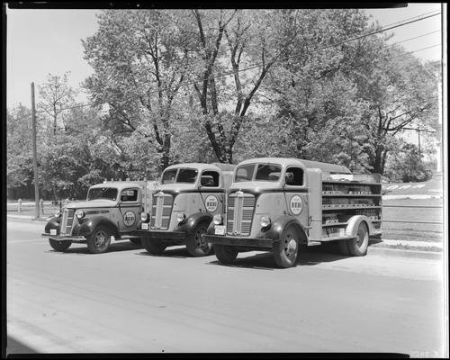 Royal Crown Cola; three Nehi Bottling Company soda trucks parked on road, truck # 5, 6, 7