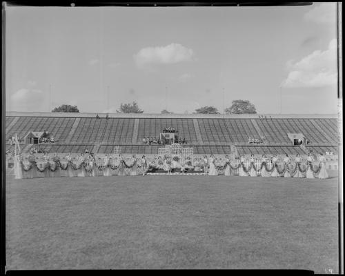 May Queen Activities (1939 Kentuckian) (University of Kentucky), May Queen and court posing on the stadium field