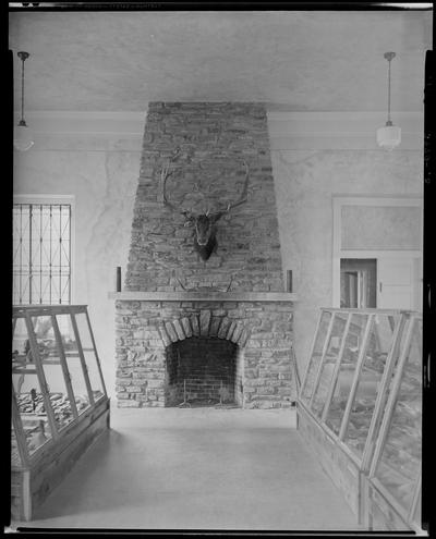 Blue Licks Memorial Park; interior, fireplace and display cabinets