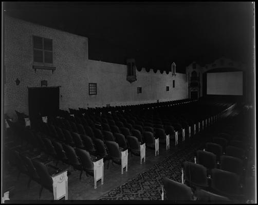 State Theatre (movie theater), 220 East Main, interior of theater; seat rows down to the screen, taken from the right side (as you enter)