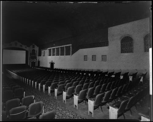 State Theatre (movie theater), 220 East Main, interior of theater; seat rows down from theater entrance to the screen, taken from the left side (as you enter)