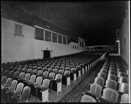State Theatre (movie theater), 220 East Main, interior of theater; seat rows up from the screen to theater entrance, taken from the right side of stage (facing audience)