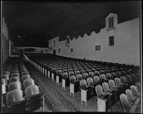 State Theatre (movie theater), 220 East Main, interior of theater; seat rows up from the screen to theater entrance, taken from the left side of stage (facing audience)