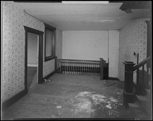 Franklin Pioneer Corporation building; 139 North Limestone; interior, broken plaster on the staircase landing, water damaged ceiling above