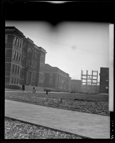 Campus Scenes; 1939 Kentuckian) (University of Kentucky), exterior, Pence Hall Physics building, various buildings in the background