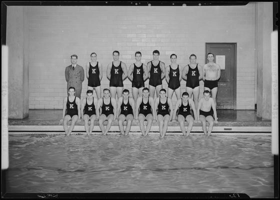 Swimming Team; (1939 Kentuckian) (University of Kentucky; interior, group portrait next to the edge of the swimming pool