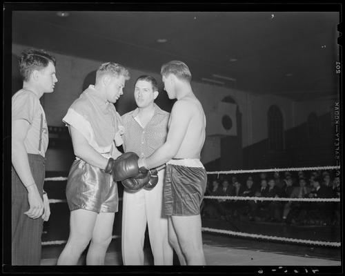 Boxing; (1939 Kentuckian) (University of Kentucky); boxing match, fighters shaking gloves