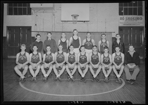 Freshman Squad, basketball (1939 Kentuckian) (University of Kentucky); basketball team group portrait on the basketball court inside the gymnasium